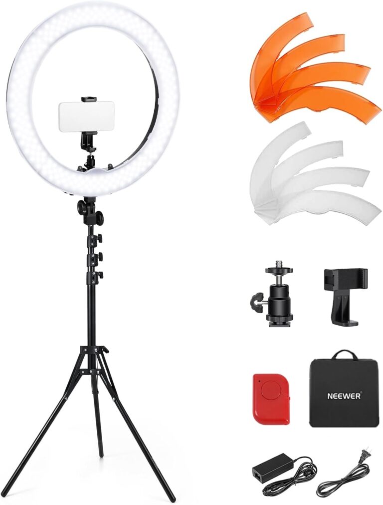 NEEWER 55W 18″/45cm Ring Light Kit [New Version], 5600K 0-100% Dimming LED Selfie Light with Light Stand and Phone Holder for Makeup Lash Tattoo Barber Vlog Studio Video Photography Lighting, RL-18