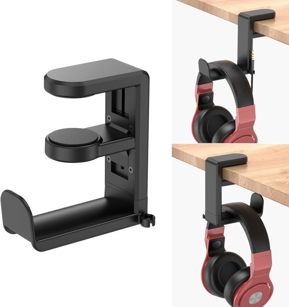 Rotating Headphone Stand – Eurpmask Pc Gaming Headset Stand, Adjustable Clamp-On Headphone Holder, Headphone Hanger Hook Under Desk With 360 Degree Swivel&Cable Clip Organizer – Black