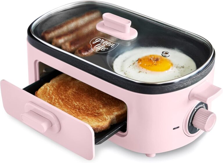 GreenLife 3-in-1 Breakfast Station, Ceramic Nonstick Dual Griddles for Eggs, Meat, Pancakes & Sandwiches + 2-Slice Toast Drawer, Healthy Cooking, Timer, Versatile Morning Meal Maker, Pink