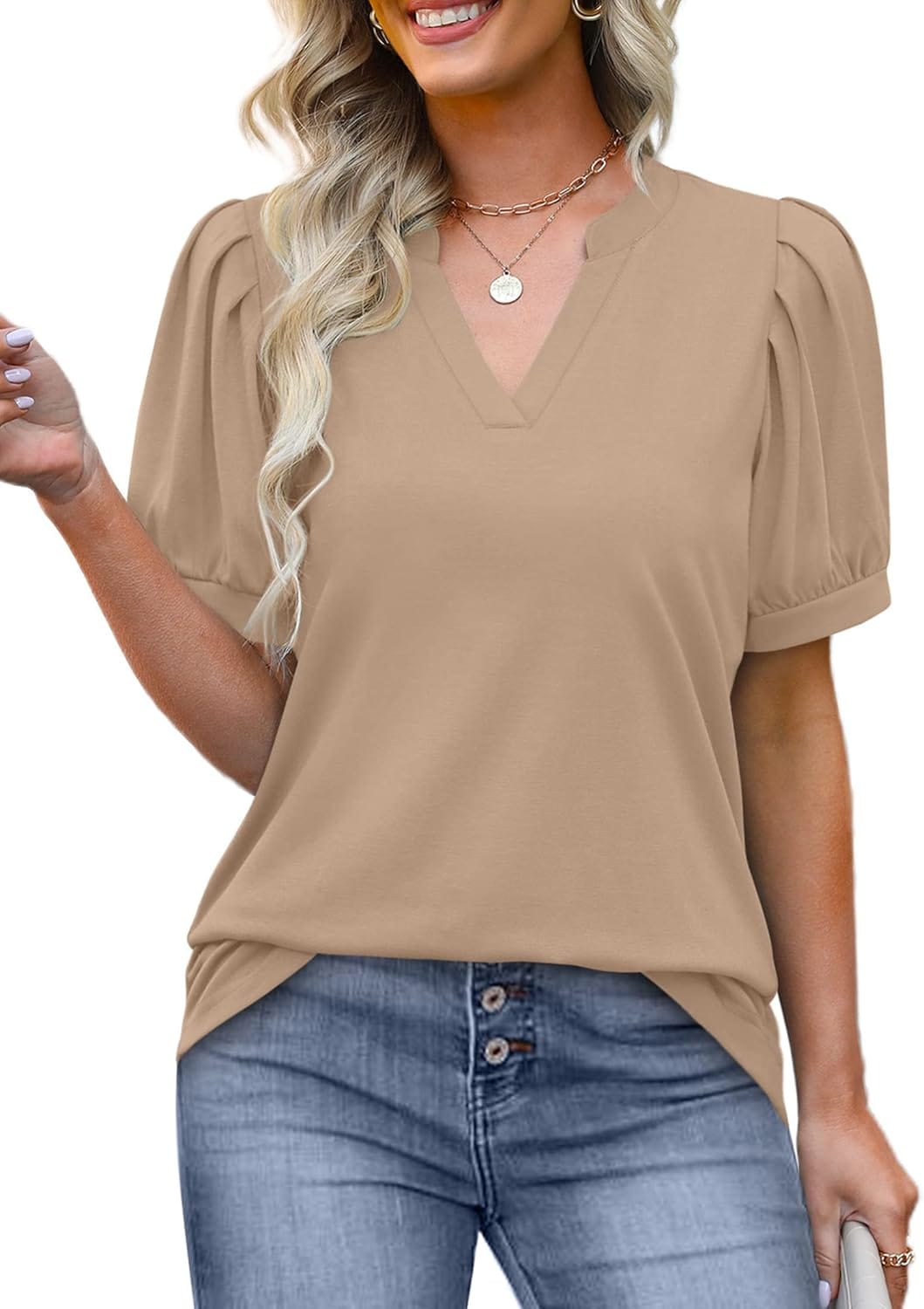 Ofeefan Women’S Pleated Puff Sleeve Tops Summer V Neck Tunic Shirts Loose Curved Hem Blouses Dressy Casual S-3Xl