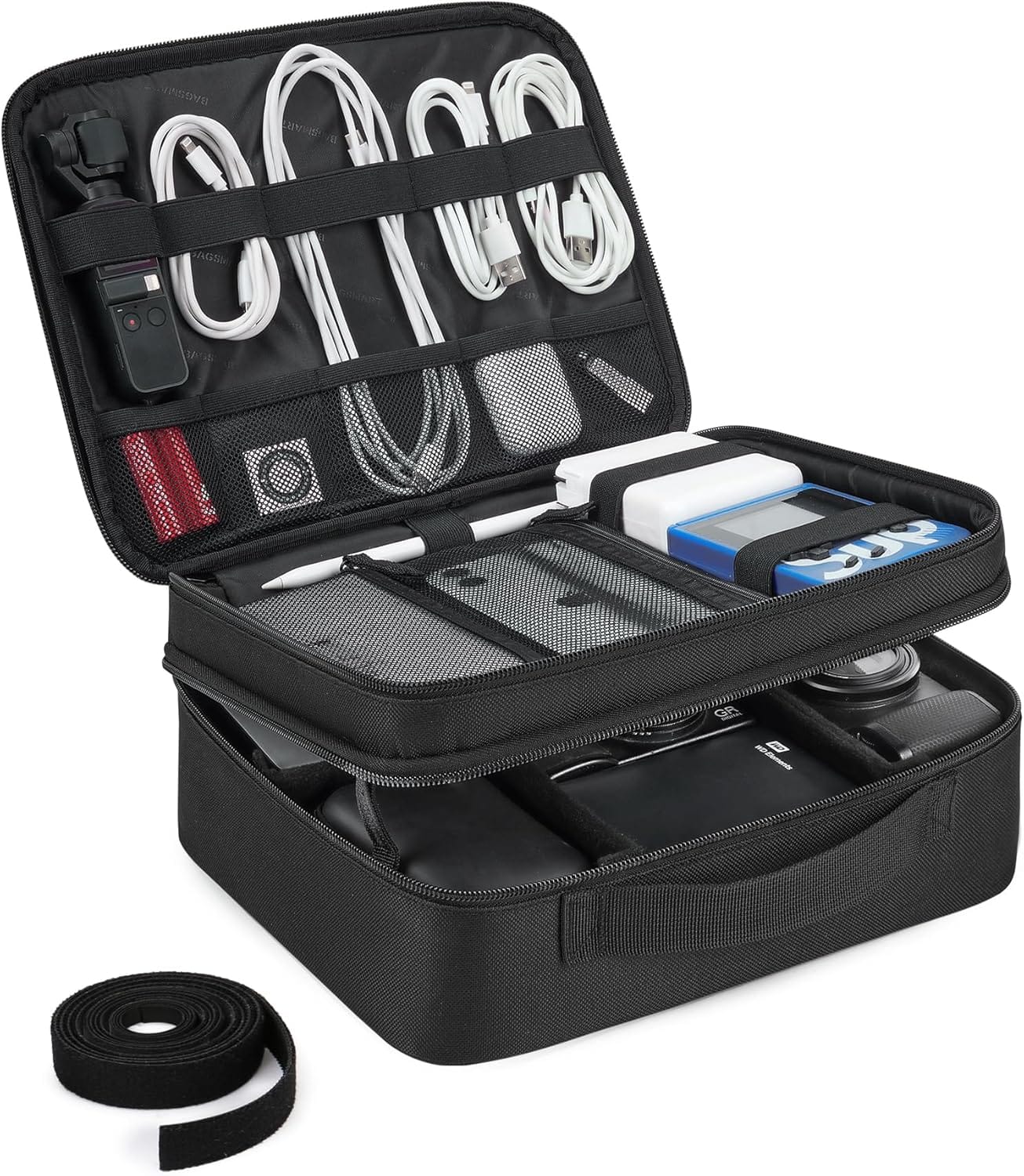 Bagsmart Cable Organizer Bag, Travel Electronics Organizer With Adjustable Divider, Tech Bag Carrying Case, Storage Bag Sturdy Tool Case With Handle For Cellphone Cord Electronics Accessories, Black
