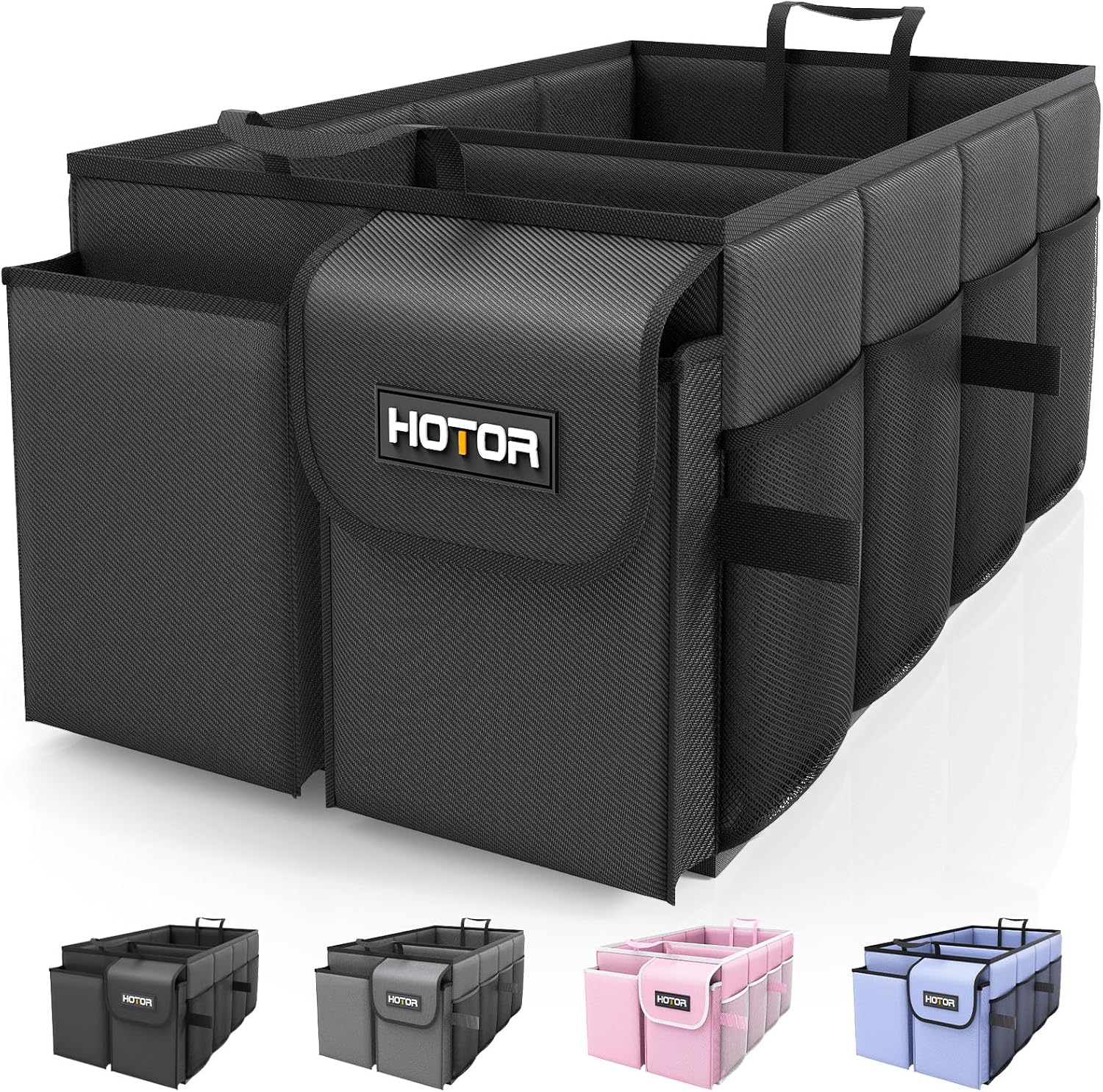 Hotor Trunk Organizer For Car – Car Organizer, Foldable Trunk Organizer For Suvs & Sedans, Sturdy Car Organization For Car Accessories, Tools, Sundries, Black, 2 Compartments, 21.3″×12.6″×10.6″