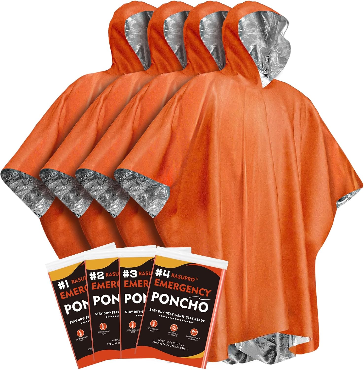 4 Pack Emergency Ponchos With Thickened Mylar Blanket Lining, Windproof, Waterproof, And Thermal Orange Survival Ponchos – Perfect For Outdoor Rescue, Family Camping Gear, Car Emergency Kits