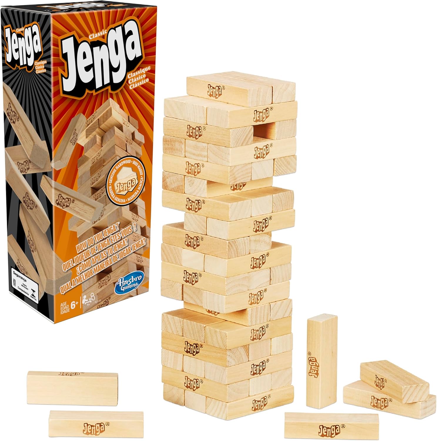 Jenga Game | The Original Wood Block Game With Genuine Hardwood Blocks | Stacking Tower Game | Ages 6+ | 1 Or More Players | Party Games For Kids | Family Games