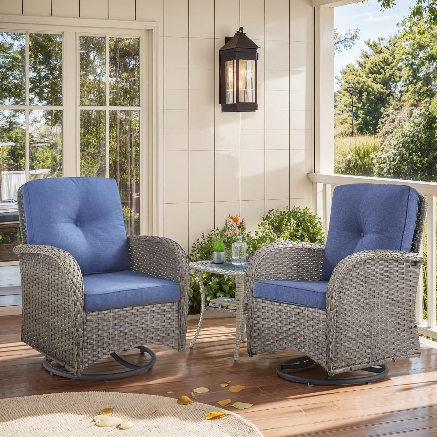 Outdoor Swivel Glider Rocker Chairs – 3 Piece Wicker Patio Furniture Set, All Weather Patio Bistro Sets With Glass Side Table For Balcony Porch Deck Backyard – Grey Wicker Blue Cushion