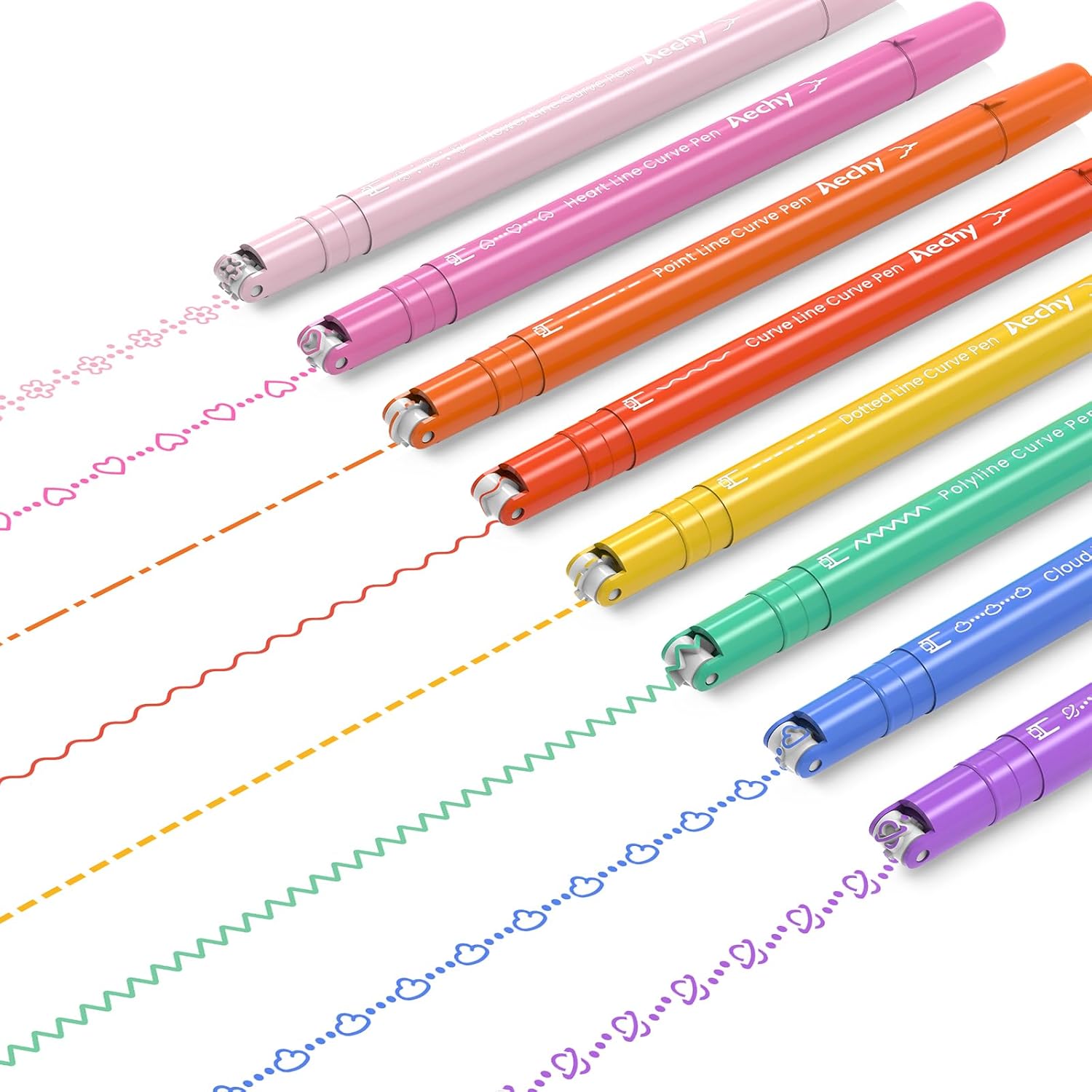 Aechy 8Pcs Colored Curve Pens For Note Taking, Dual Tip Pens With 8 Different Curve Shapes & 8 Colors Fine Lines, Curve Highlighter Pen Set For Kids Journaling Note Taking Supplies