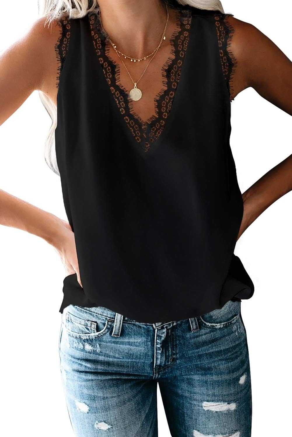 Blencot Women Tank Tops V Neck Sleeveless Lace Blouse Casual Vest Summer Camisole Shirts