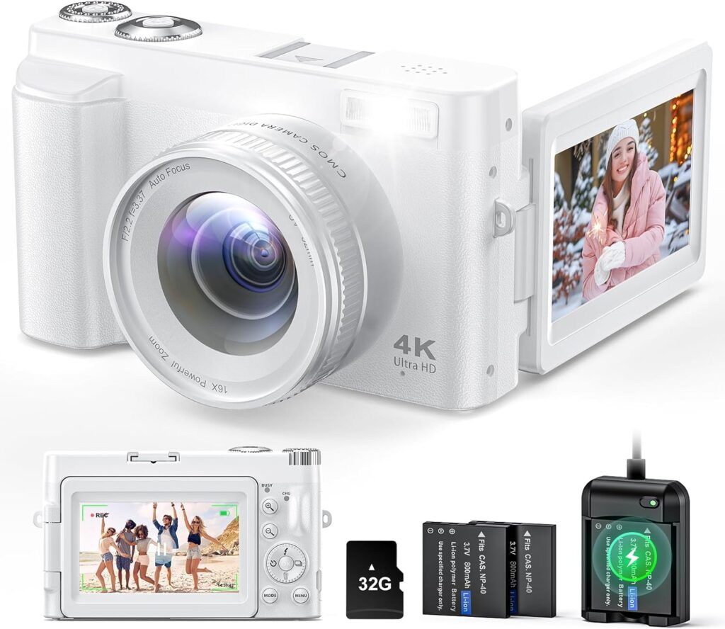 4K Digital Camera For Photography And Video, 48Mp Autofocus Anti-Shake Vlogging For Youtube, 3” 180Flip Screen With Flash 16X Zoom, 32Gb Card Battery Charger White