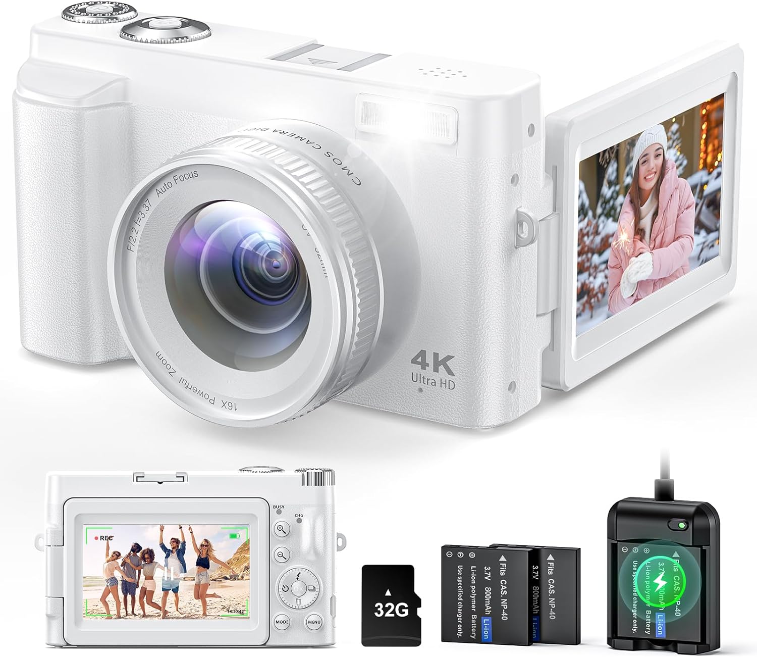 4K Digital Camera For Photography And Video, 48Mp Autofocus Anti-Shake Vlogging For Youtube, 3” 180Flip Screen With Flash 16X Zoom, 32Gb Card Battery Charger White