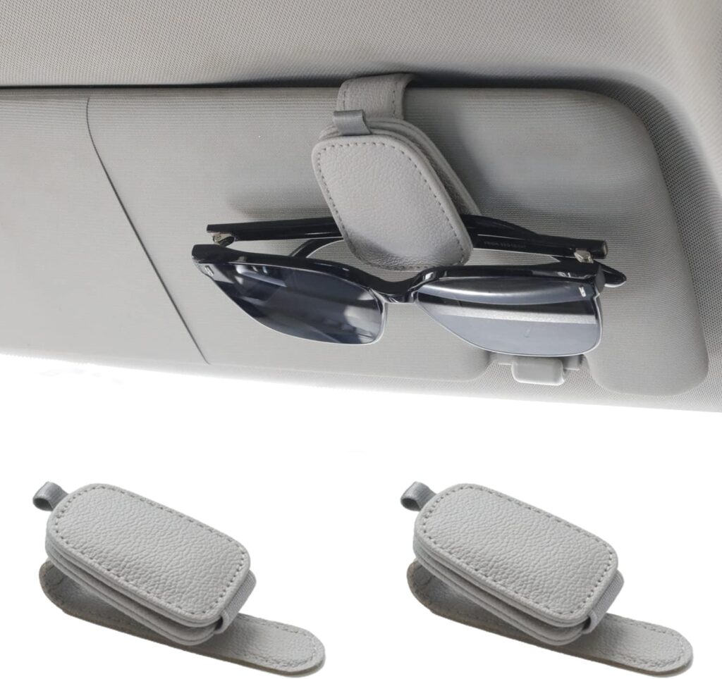 Yuoyar 2 Packs Sunglasses Holders For Car Visor – Magnetic Leather Sunglasses Holder And Ticket Card Clip – Car Visor Accessories (Silver Grey)