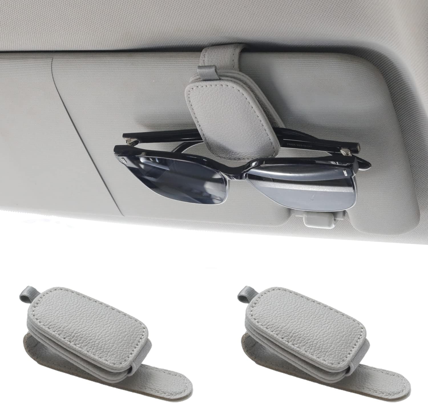 Yuoyar 2 Packs Sunglasses Holders For Car Visor – Magnetic Leather Sunglasses Holder And Ticket Card Clip – Car Visor Accessories (Silver Grey)
