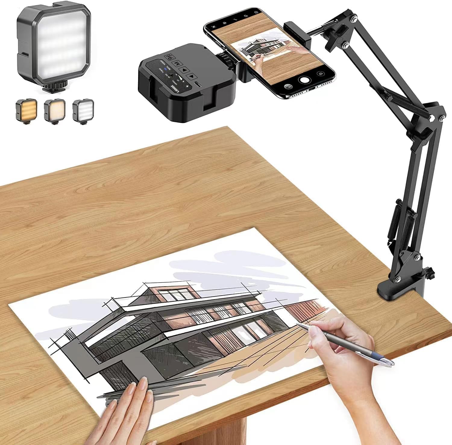 Overhead Phone Mount, Articulating Arm Cell Phone Holder With Led Light, Flexible Phone Stand For Live Streaming, Video Recording, Painting Lighting, Cooking