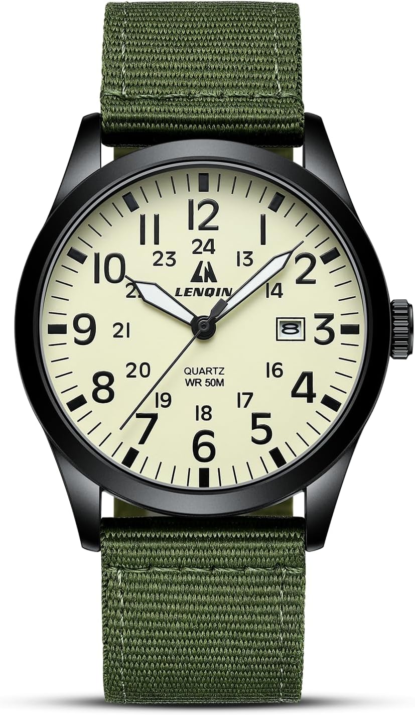 Ln Lenqin Mens Watches Unisex Military Sport Nylon Strap Stylish Luminous Fashion Analog Quartz Watch For Men Waterproof Army Tactical Casual Wristwatch