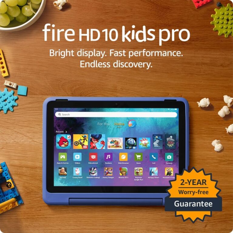 Amazon Fire HD 10 Kids Pro tablet (newest model) ages 6-12. Bright 10.1″ HD screen, includes ad-free content, robust parental controls, 13-hr battery and slim case for older kids, 32 GB, Nebula