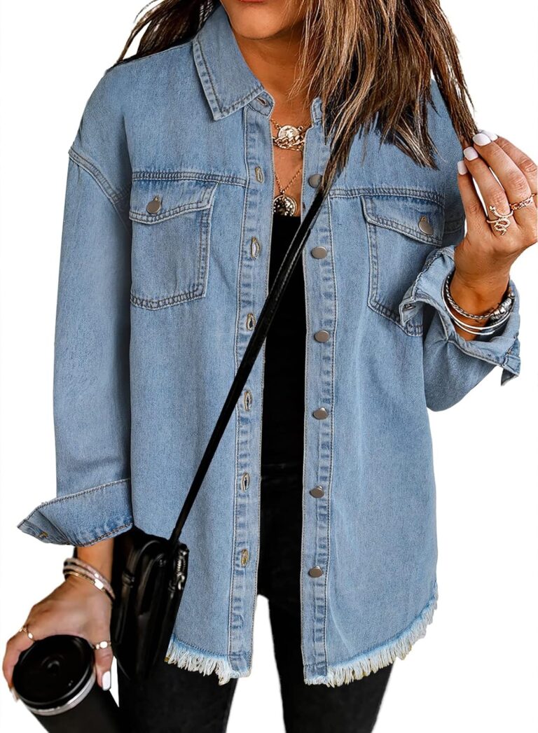Dokotoo Women’s Oversized Denim Jacket Casual Long Sleeve Denim Shirts Distresse Jean Jacket 2025 Spring Outfits