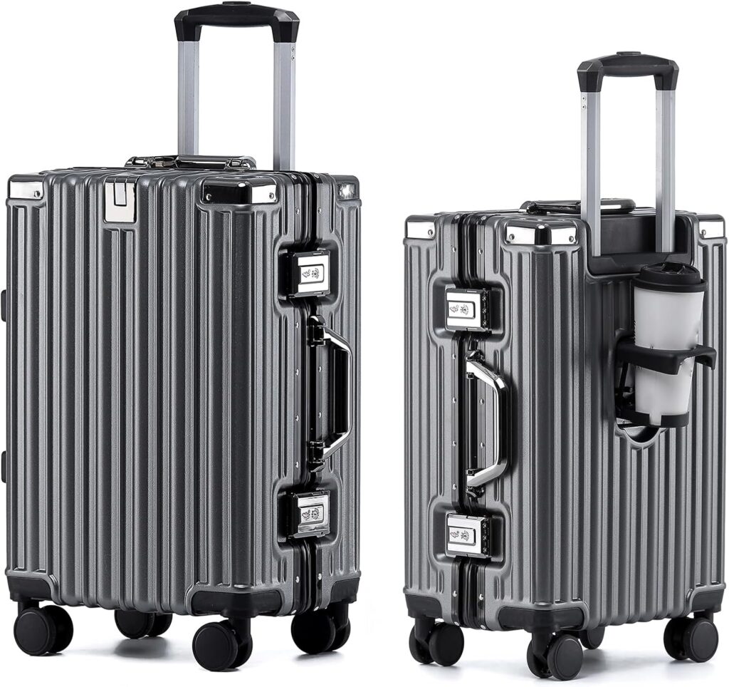 Hotway 20 Inch Aluminum Frame Carry On Luggage With Spinner Wheels, Pc Hard Shell Suitcase With Cup Holder, Zipperless Luggage For Business Travel, Gray