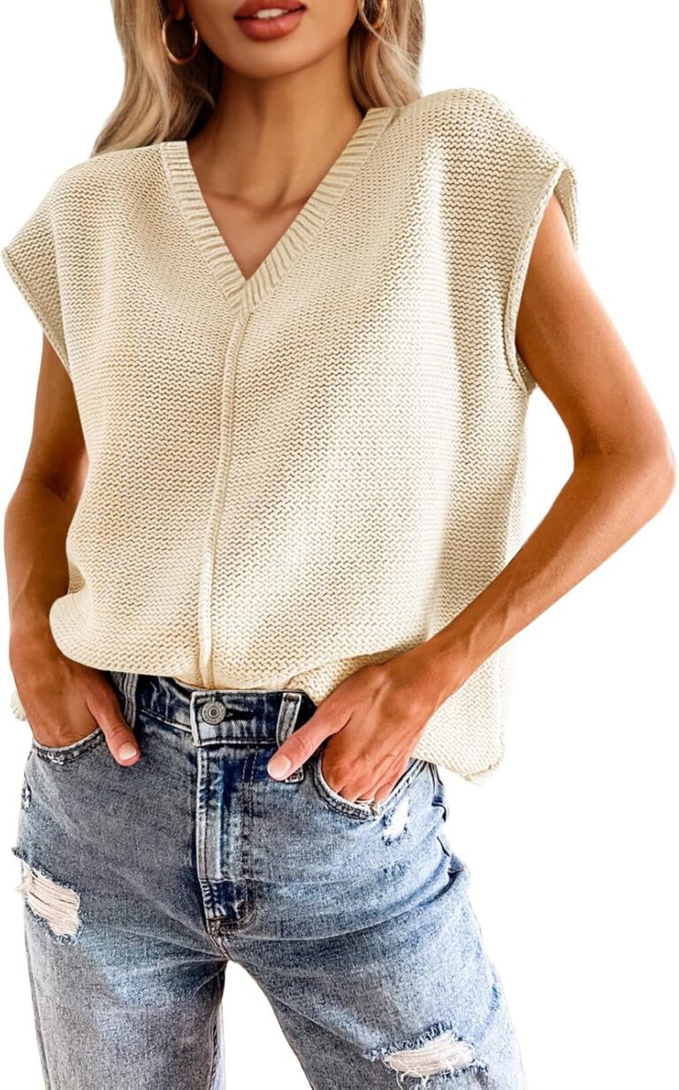 Saodimallsu Womens Summer Cap Sleeve Tops V Neck Casual Loose Fit Knit Lightweight Going Out Sweater Pullover Top