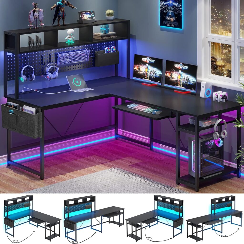 Sedeta L Shaped Gaming Desk, Reversible Computer Desk With Power Outlet And Pegboard, Gaming Desk With Led Lights, Keyboard Tray And Storage Bag For Home Office, Black