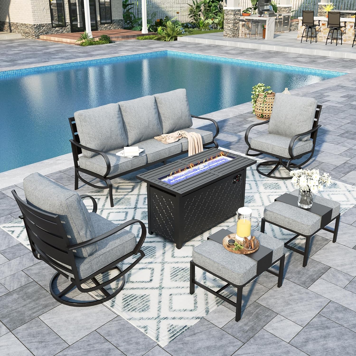 Sophia & William Patio Furniture Sets With 45″ Gas Fire Pit Table For 7 Outdoor Conversation Sets 6 Pcs, 2 X Swivel Cushioned Sofa Chairs, 1×3-Seat Sofa, 2Xottomans For Backyard Poolside Grey