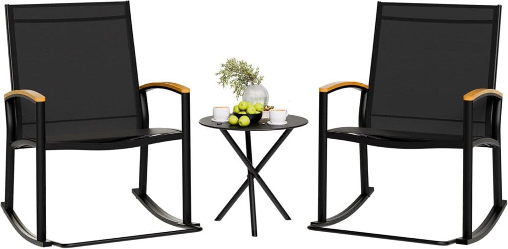 Shintenchi 3 Piece Outdoor Rocking Bistro Set, Textilene Fabric Small Patio Furniture Set, Front Porch Rocker Chairs Conversation Set With Table For Lawn, Garden, Balcony, Poolside (Black) Shintenchi 3 Piece Outdoor Rocking Bistro Set, Textilene Fabric Small Patio Furniture Set, Front Porch Rocker Chairs Conversation Set With Table For Lawn, Garden, Balcony, Poolside (Black)