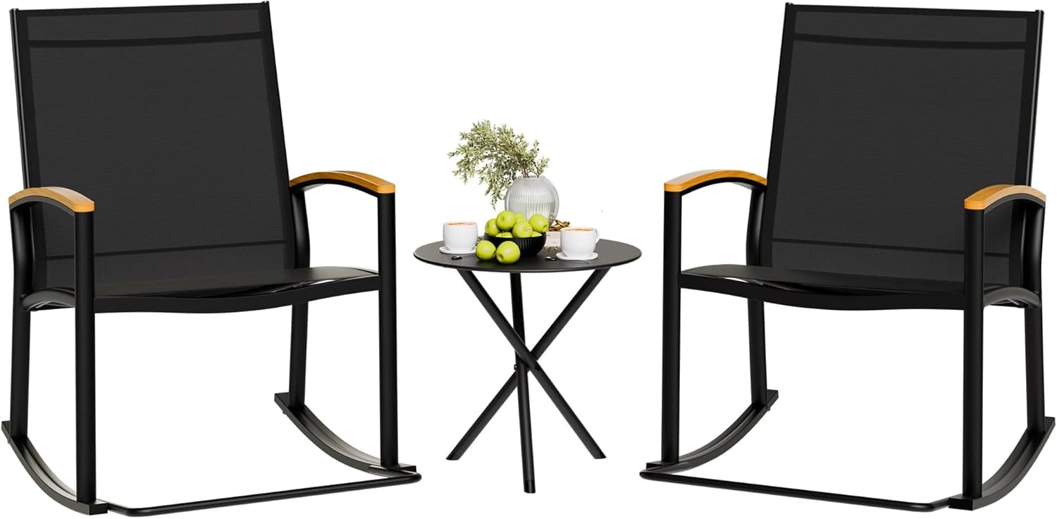 Shintenchi 3 Piece Outdoor Rocking Bistro Set, Textilene Fabric Small Patio Furniture Set, Front Porch Rocker Chairs Conversation Set With Table For Lawn, Garden, Balcony, Poolside (Black) Shintenchi 3 Piece Outdoor Rocking Bistro Set, Textilene Fabric Small Patio Furniture Set, Front Porch Rocker Chairs Conversation Set With Table For Lawn, Garden, Balcony, Poolside (Black)
