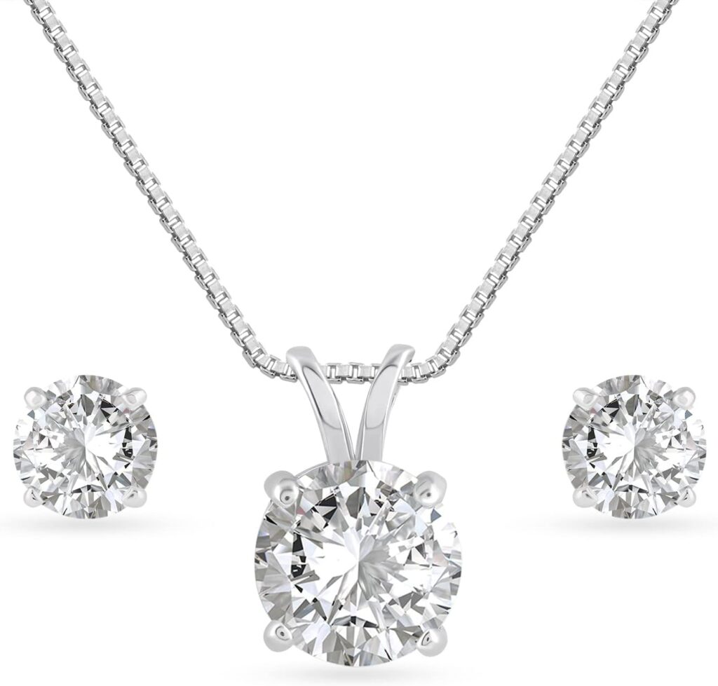 925 Sterling Silver White Quartz Pendant and Earrings Set For Womens