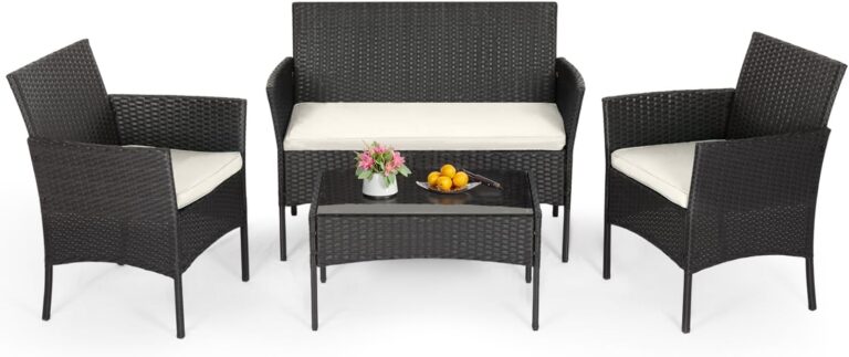 FDW | 4-Piece Patio Furniture Set | Outdoor Wicker Furniture with Coffee Table | Modern Rattan Chairs Conversation Set | Outdoor Seating | Weather-Resistant | Black | for Porch, Garden, Lawn