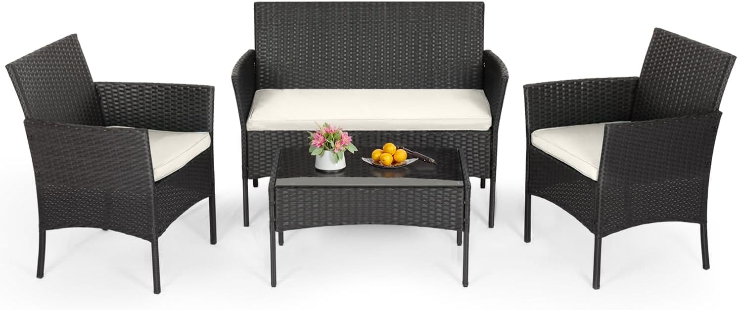 Fdw | 4-Piece Patio Furniture Set | Outdoor Wicker Furniture With Coffee Table | Modern Rattan Chairs Conversation Set | Outdoor Seating | Weather-Resistant | Black | For Porch, Garden, Lawn Fdw | 4-Piece Patio Furniture Set | Outdoor Wicker Furniture With Coffee Table | Modern Rattan Chairs Conversation Set | Outdoor Seating | Weather-Resistant | Black | For Porch, Garden, Lawn