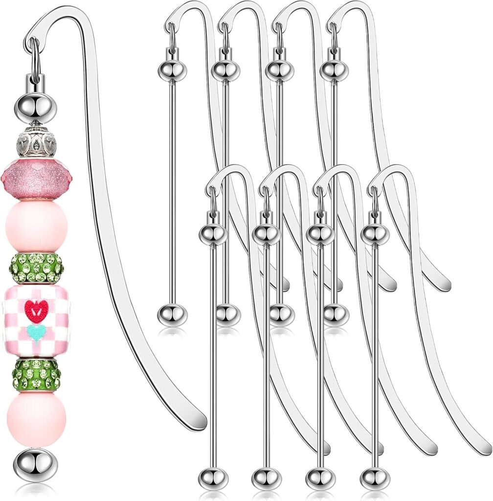 8 Pcs Beadable Bookmarks DIY Metal Blank Bar Bookmark for Beads Modern Beaded Craft Jewelry Pendant Charm Gift for Book Lovers Student Teacher Office Supplies(Silver)