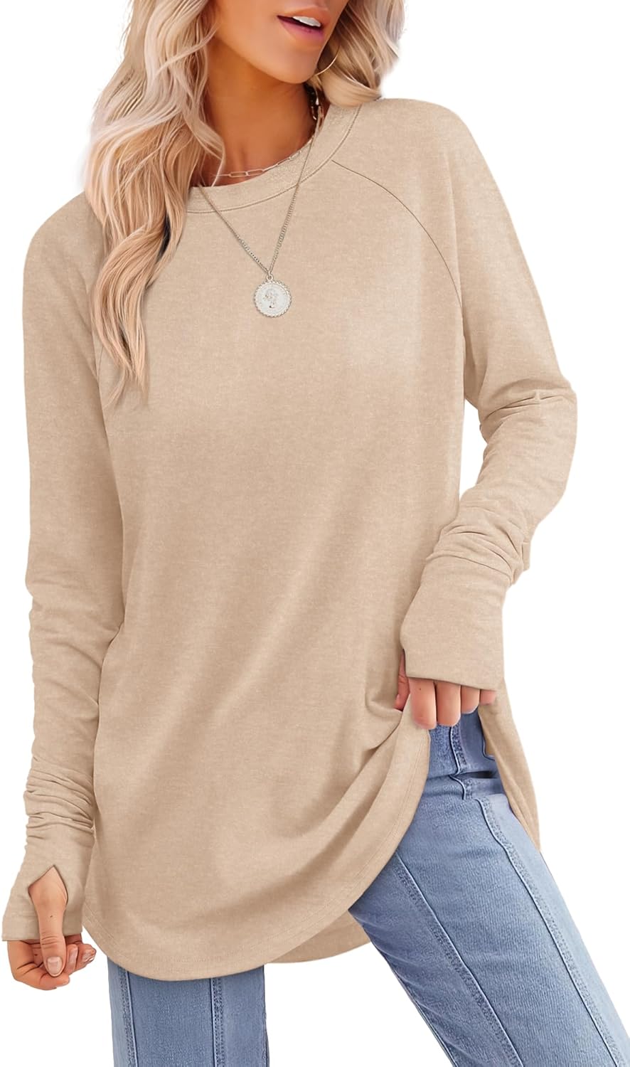 Xieerduo Womens Tunic Tops To Wear With Leggings Long Sleeve Thumb Hole Shirts Crew Neck Curved Hem Xieerduo Womens Tunic Tops To Wear With Leggings Long Sleeve Thumb Hole Shirts Crew Neck Curved Hem