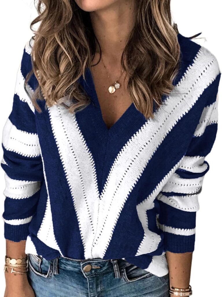 PRETTYGARDEN Women’s Fashion Long Sleeve Striped Color Block Knitted Sweater Crew Neck Loose Pullover Jumper Tops