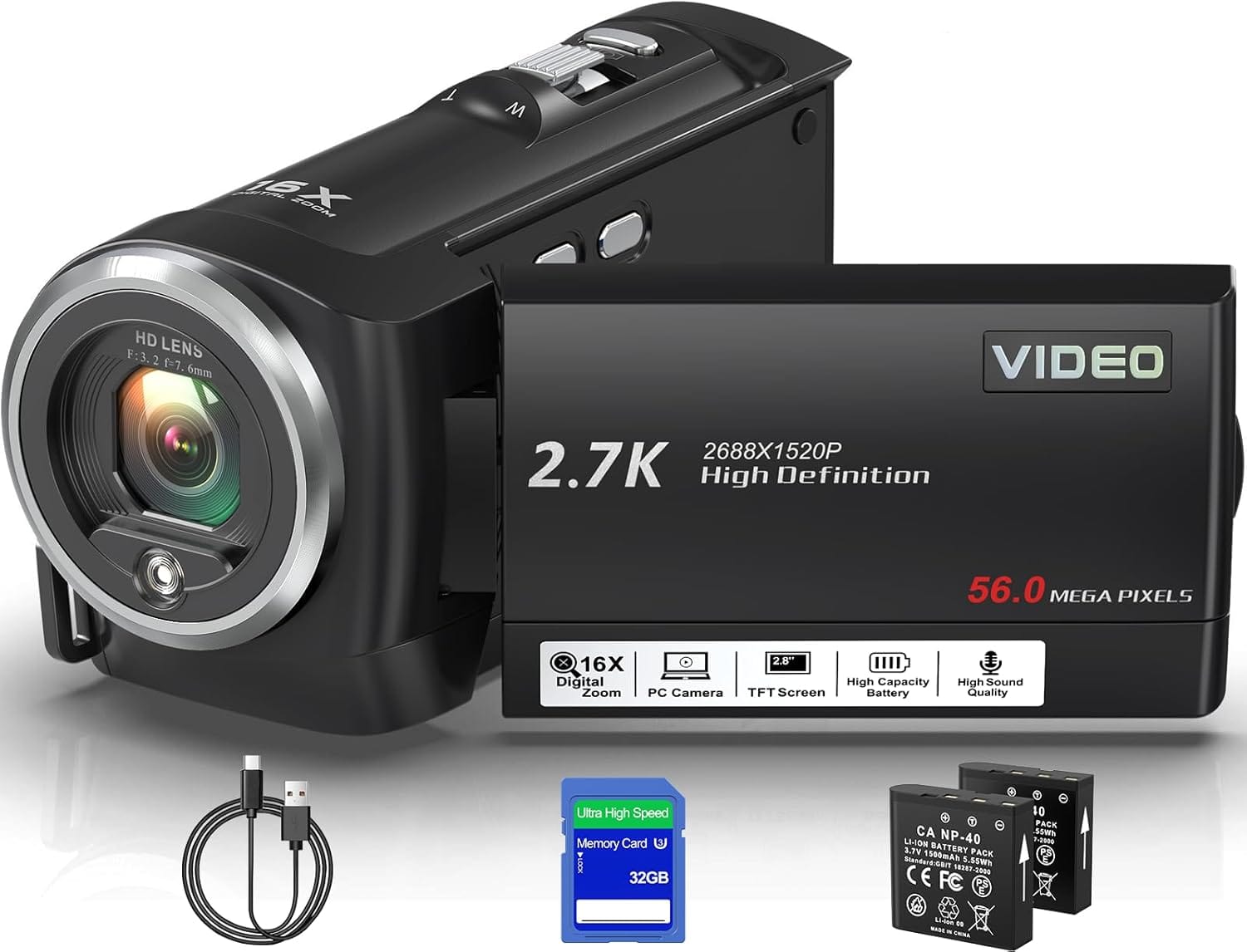 Camcorder Video Camera QHD 2.7K 56MP 16X Digital Zoom Vlogging Camera with LED Fill Light for YouTube, 2.8 Inch 270 Degree Rotation LCD Screen Camcorder with 32GB SD Card and Two Batteries Camcorder Video Camera QHD 2.7K 56MP 16X Digital Zoom Vlogging Camera with LED Fill Light for YouTube, 2.8 Inch 270 Degree Rotation LCD Screen Camcorder with 32GB SD Card and Two Batteries