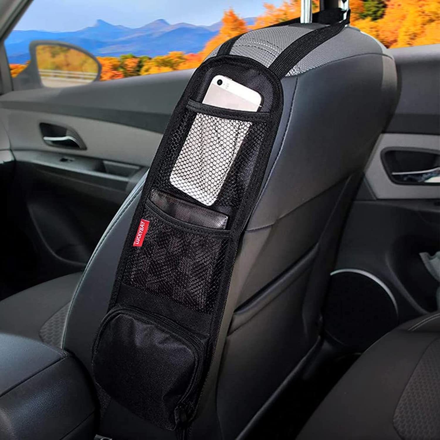 Luckybay Car Seat Side Organizer, Auto Seat Storage Hanging Bag, Phones, Drink, Stuff Holder with Mesh Pocket for Cars, SUV & Truck Luckybay Car Seat Side Organizer, Auto Seat Storage Hanging Bag, Phones, Drink, Stuff Holder with Mesh Pocket for Cars, SUV & Truck