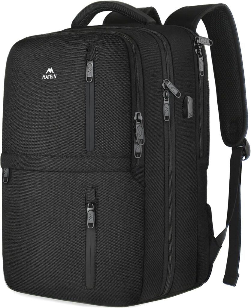 MATEIN Carry on Backpack, Flight Approved Travel Backpack with USB Port, TSA Personal Item Travel Bag fits 17″ Laptop, Large Water Resistant Luggage Overnight Weekender Bag for Men & Women 40L, Black