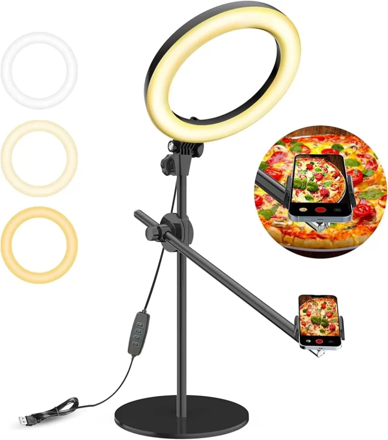 Overhead Camera Mount with Ring Light Phone Holder,10″ LED Ring Light for Desk with Stand and Remote for iPhone,Phone Tripod with Light for Video Recording TikTok Live Stream Cooking Kitchen Vlogging