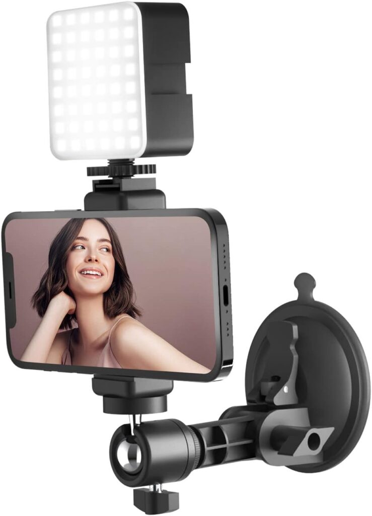 Suction Cup Mirror Phone Holder with Light, Travel Wall Phone Camera Mount for Makeup Content Creator Essentials, Mirror Tripod for Bathroom Kitchen Compatile with All Smooth Surface