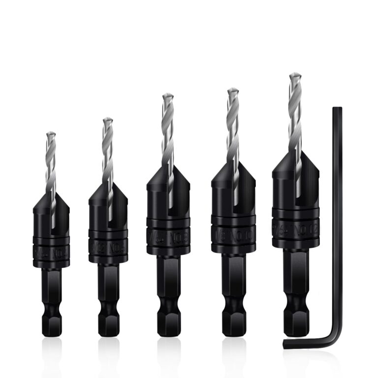 Countersink Drill Bit Set 5 pc,3in1 Woodworking Counterbore Hole Drill Bits,Tapered Countersink Bit,Depth Adjustable M2 Pilot Drill Bits, 82-Degree Chamfer, 1/4”Hex Shank