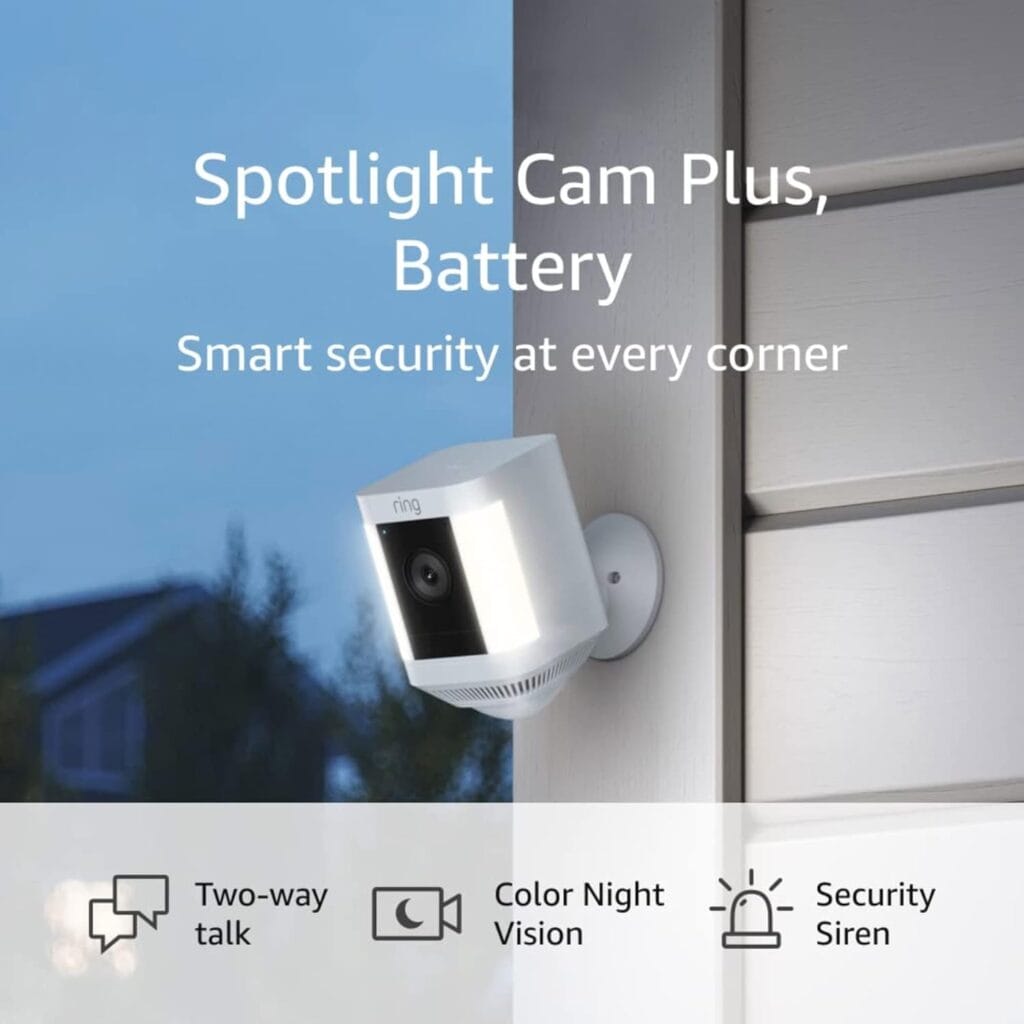 Like-New Ring Spotlight Cam Plus, Battery | Two-Way Talk, Color Night Vision, and Security Siren (2022 release) – White