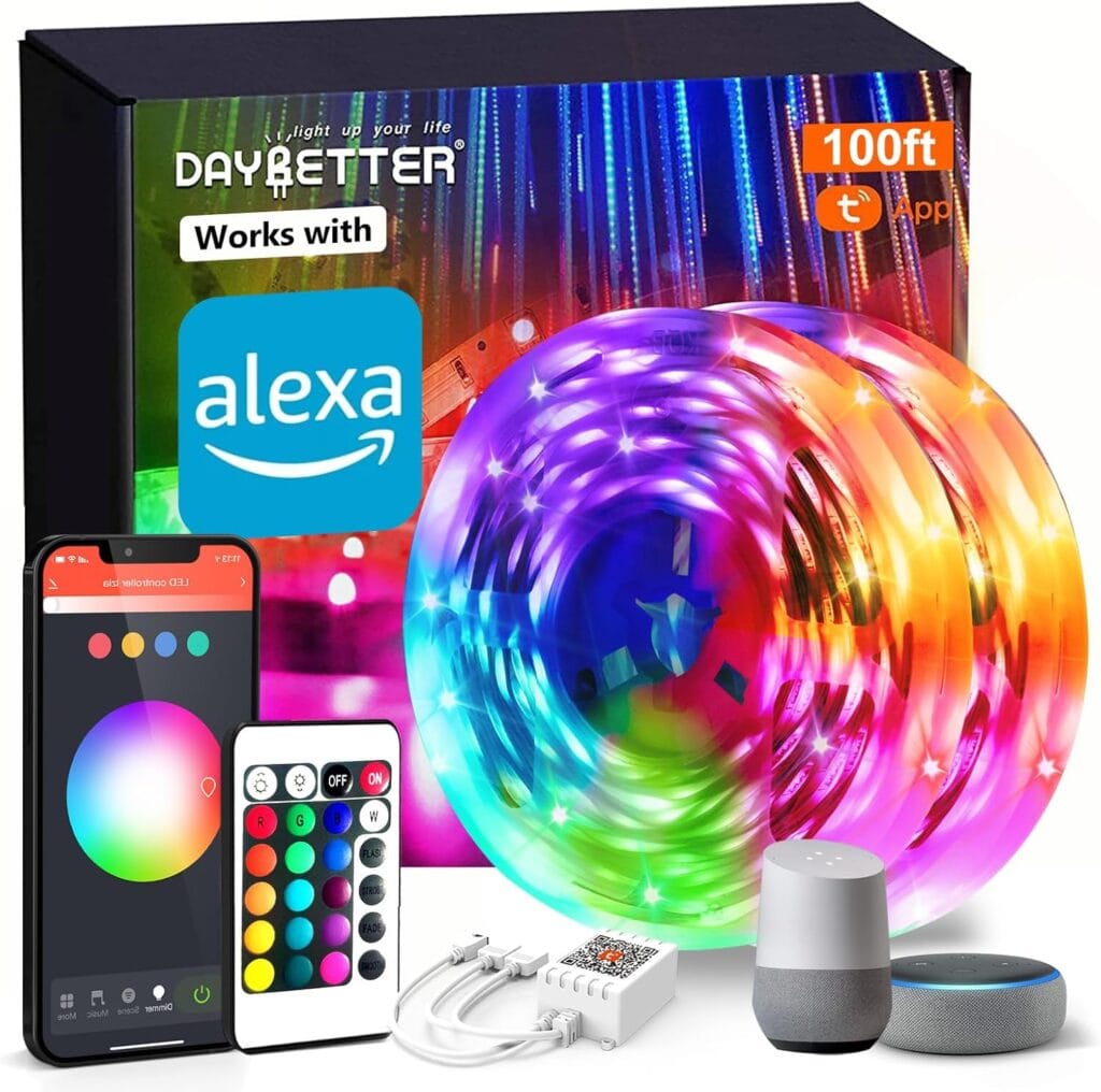 DAYBETTER Smart WiFi Led Lights 100ft, Tuya App Controlled Led Strip Lights, Work with Alexa and Google Assistant, Timer Schedule, Color Changing Led Lights for Bedroom Party Kitchen DAYBETTER Smart WiFi Led Lights 100ft, Tuya App Controlled Led Strip Lights, Work with Alexa and Google Assistant, Timer Schedule, Color Changing Led Lights for Bedroom Party Kitchen
