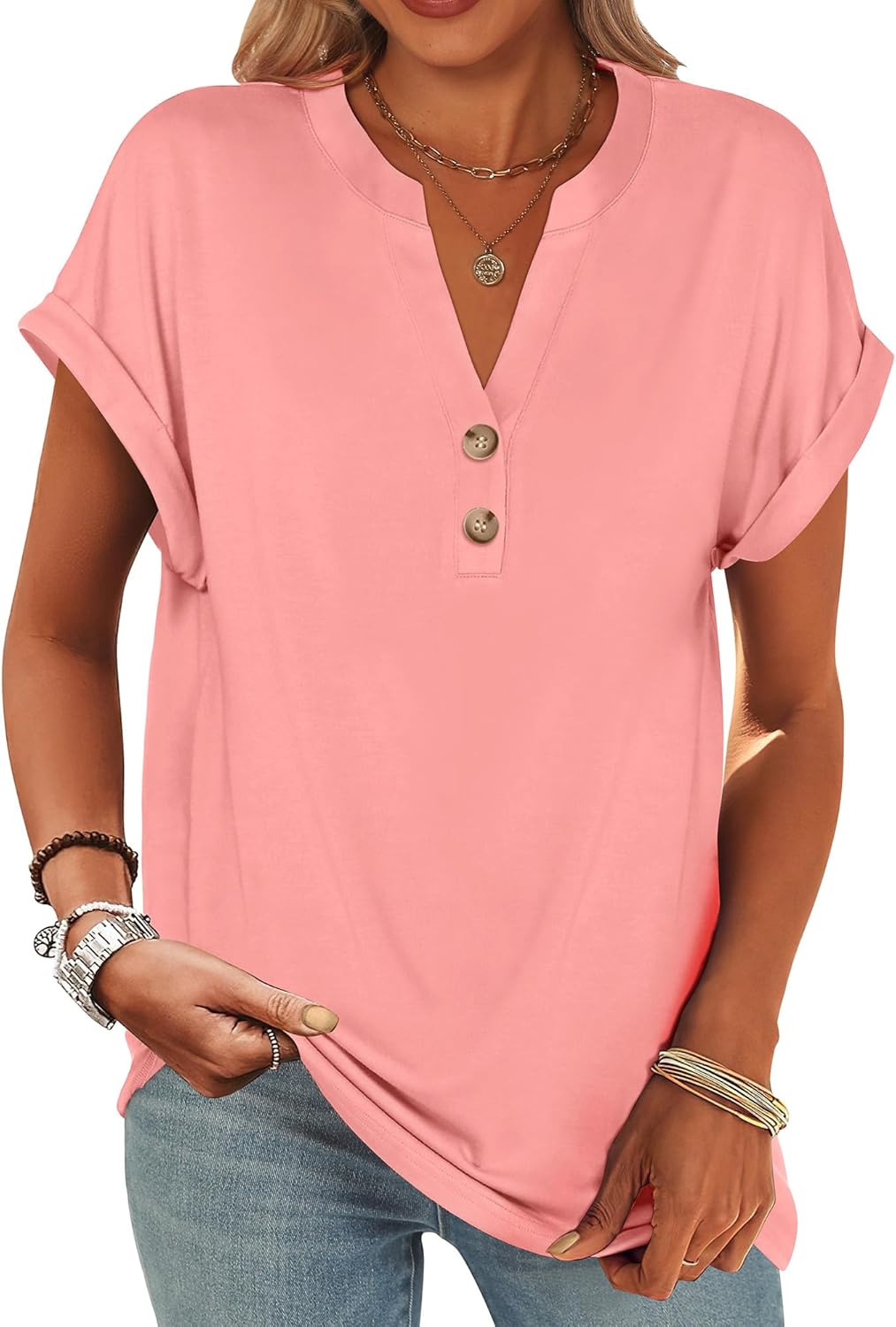ANRABESS Womens Short Sleeve Henley Tops V Neck Dressy Casual Loose Fit Shirts Summer Flowy Blouses 2025 Trendy Clothes