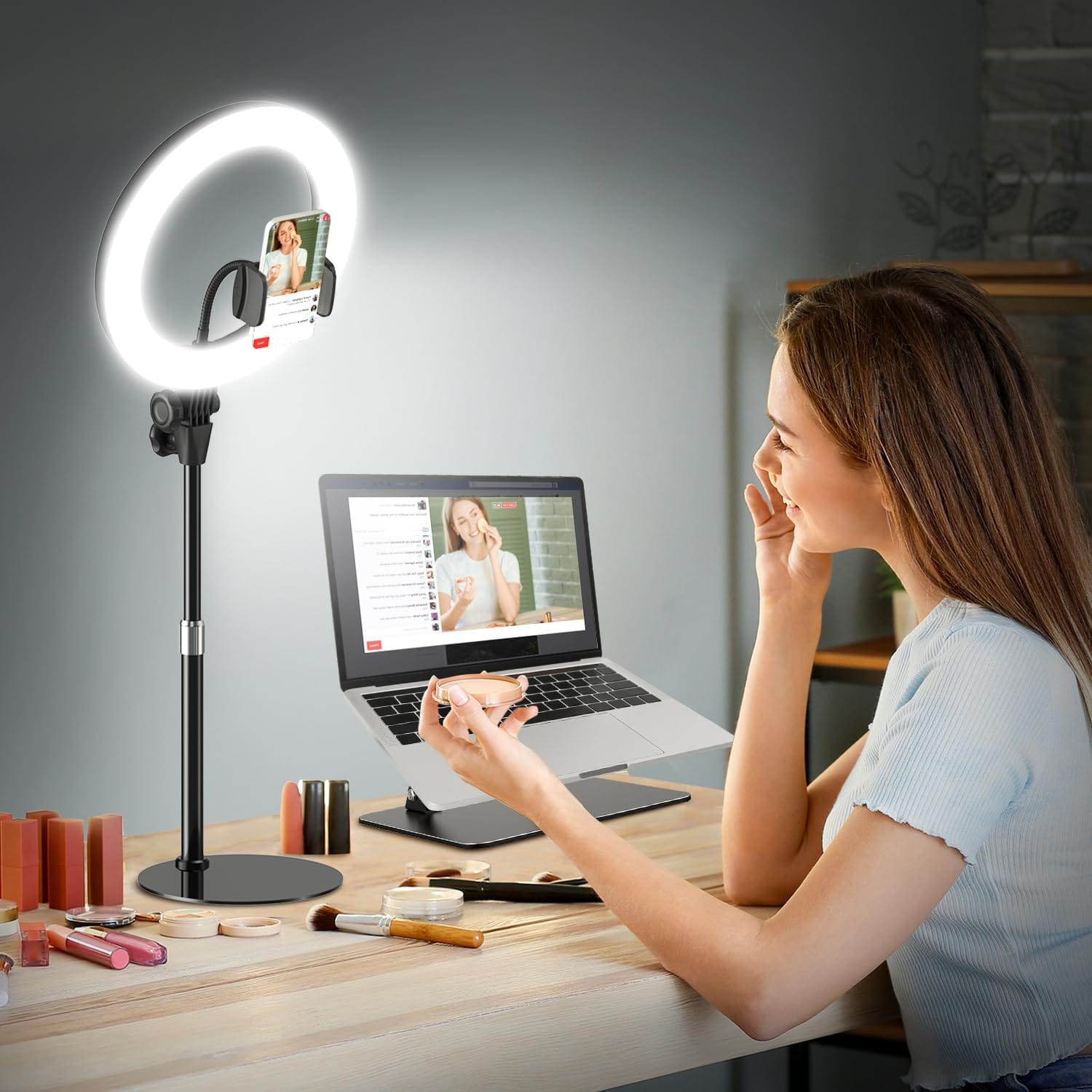 Desk Ring Light For Video Conference – Evershop 10″ Lighting With Phone Holder For Video Recording, Zoom Calls, Selfie,Online Meeting, Streaming,Lights With 30.7″ Adjustable Stand For Laptop, Computer Desk Ring Light For Video Conference – Evershop 10″ Lighting With Phone Holder For Video Recording, Zoom Calls, Selfie,Online Meeting, Streaming,Lights With 30.7″ Adjustable Stand For Laptop, Computer