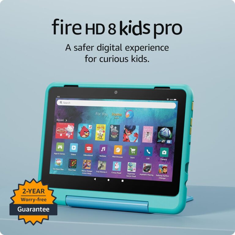 Amazon Fire HD 8 Kids Pro tablet (newest model), ages 6-12. Bright 8″ HD screen, includes ad-free content, parental controls, 13-hr battery, slim case for older kids, 64GB, Hello Teal