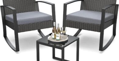 3 Pieces Patio Furniture Set Rocking Bistro Set Outdoor Rattan Conversation With Coffee Table For Garden Balcony Backyard Poolside (Grey Cushion) 3 Pieces Patio Furniture Set Rocking Bistro Set Outdoor Rattan Conversation With Coffee Table For Garden Balcony Backyard Poolside (Grey Cushion)