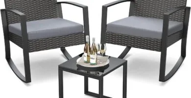 3 Pieces Patio Furniture Set Rocking Bistro Set Outdoor Rattan Conversation With Coffee Table For Garden Balcony Backyard Poolside (Grey Cushion) 3 Pieces Patio Furniture Set Rocking Bistro Set Outdoor Rattan Conversation With Coffee Table For Garden Balcony Backyard Poolside (Grey Cushion)