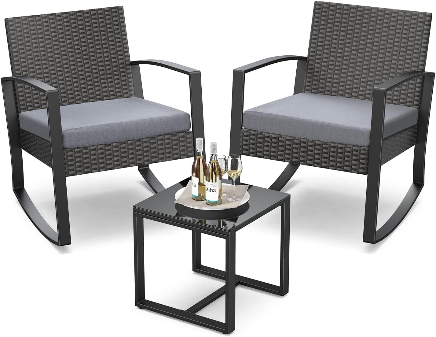 3 Pieces Patio Furniture Set Rocking Bistro Set Outdoor Rattan Conversation With Coffee Table For Garden Balcony Backyard Poolside (Grey Cushion)