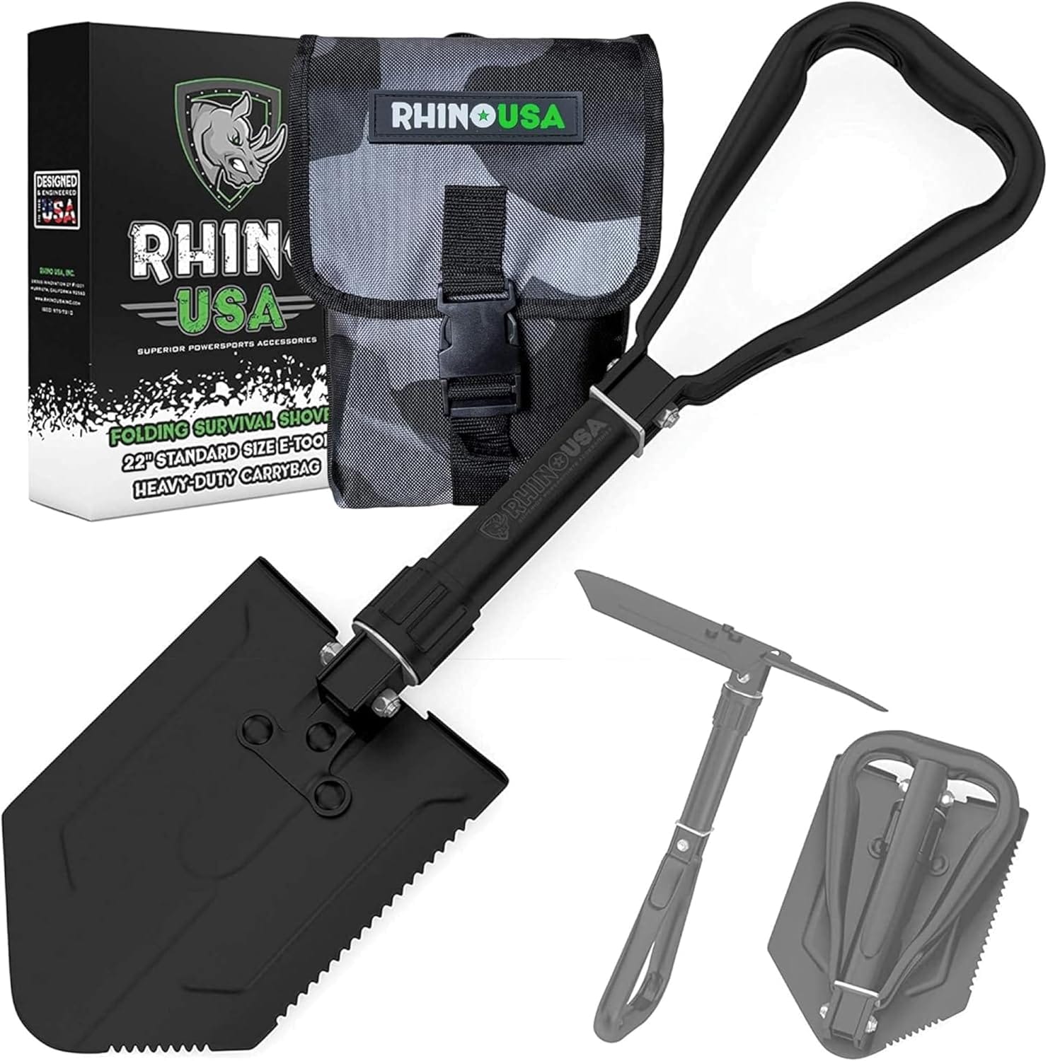 RHINO USA Folding Survival Shovel w/Pick – Heavy Duty Carbon Steel Military Style Entrenching Tool for Off Road, Camping, Gardening, Beach, Digging Dirt, Sand, Mud & Snow. RHINO USA Folding Survival Shovel w/Pick – Heavy Duty Carbon Steel Military Style Entrenching Tool for Off Road, Camping, Gardening, Beach, Digging Dirt, Sand, Mud & Snow.