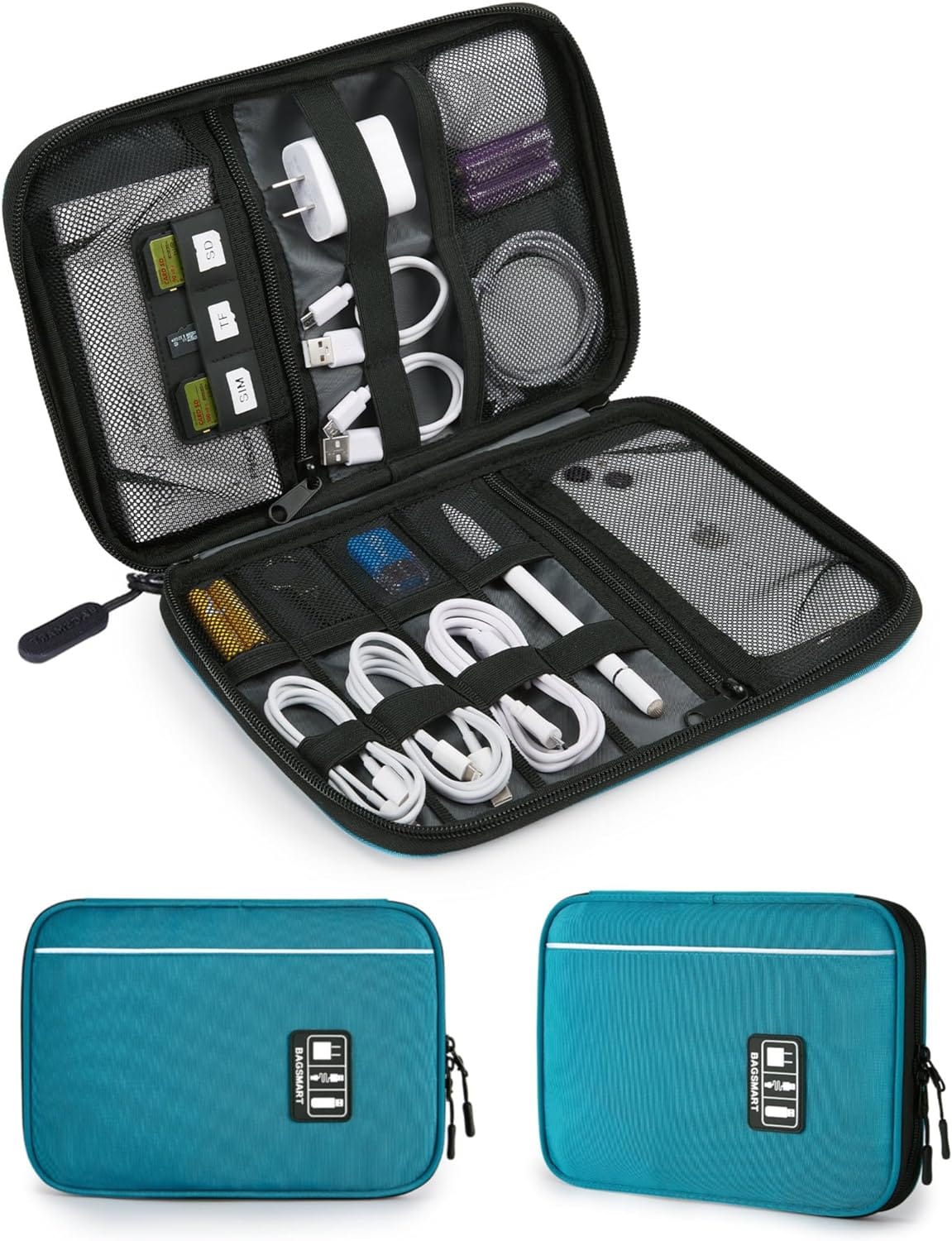 Bagsmart Electronics Organizer Travel Case, Small Cable Organizer Bag For Travel Essentials, Tech Organizer As Accessories, Cord Organizer For Phone, Power Bank Sd Card, Blue