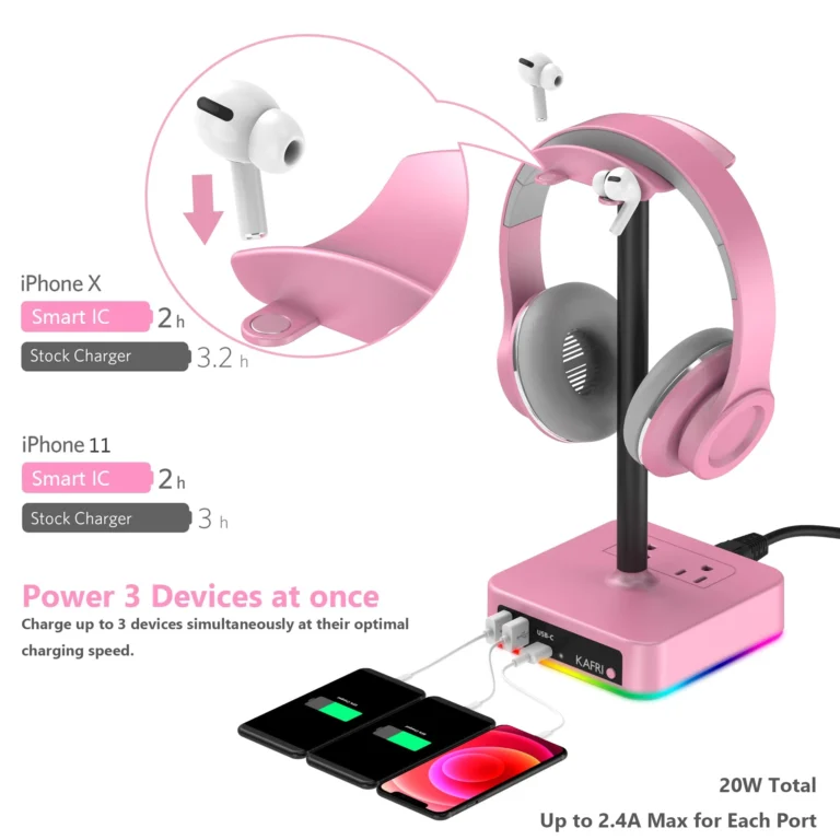 KAFRI RGB Headphone Stand with USB A&C Charger Desk Gaming Headset Holder Hanger Rack with 3 USB Charging Port and 2 Outlet – Suitable for Gamer Desktop Table Game Earphone Accessories Boyfriend Gifts
