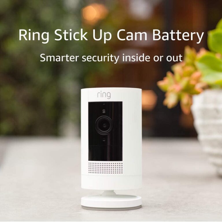 Like-New Ring Stick Up Cam Battery HD security camera with custom privacy controls, Simple setup, Works with Alexa – White