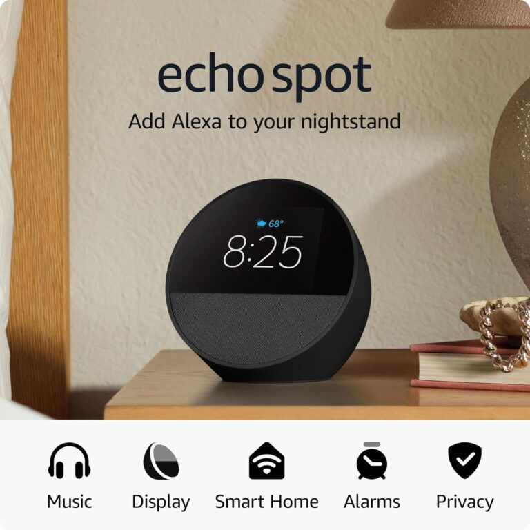 Like-New Amazon Echo Spot (newest model), Great for nightstands, offices and kitchens, Smart alarm clock with Alexa, Black